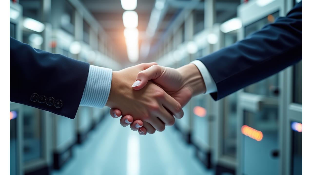 Rankos, paspaudžiančios viena kitą, simbolizuojančios partnerystę, fone matosi modernios gamybos įrangos siluetai