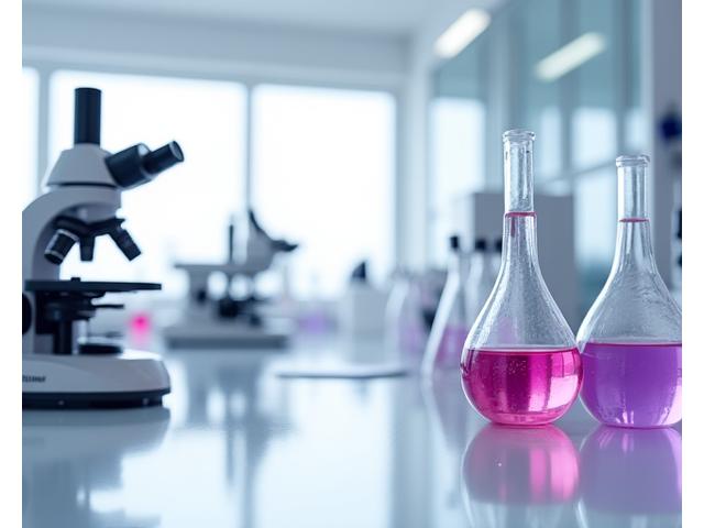 Laboratorijos aplinka su sudėtinga įranga ir mėgintuvėliais, simbolizuojančiais pažangius peptidų formulavimo tyrimus ir plėtrą.