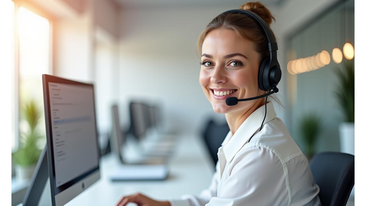 Moteris dirba prie kompiuterio ir kalba telefonu, simbolizuojanti klientų aptarnavimą su šypsena.
