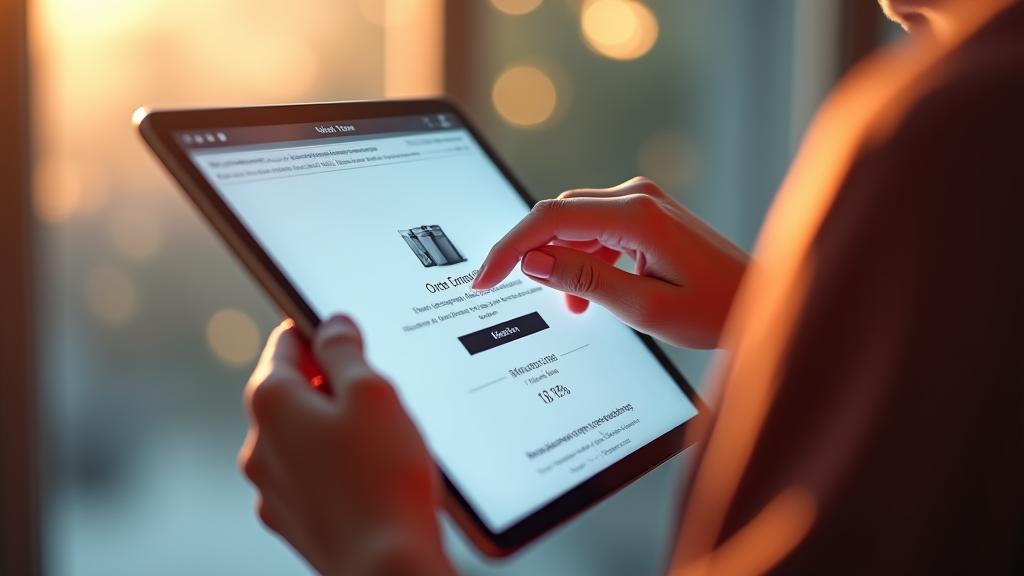 Moteris naršo elektroninėje parduotuvėje su skaidriomis pirkimo sąlygomis ir užsakymo patvirtinimu, rodančiu saugumą ir patikimumą.