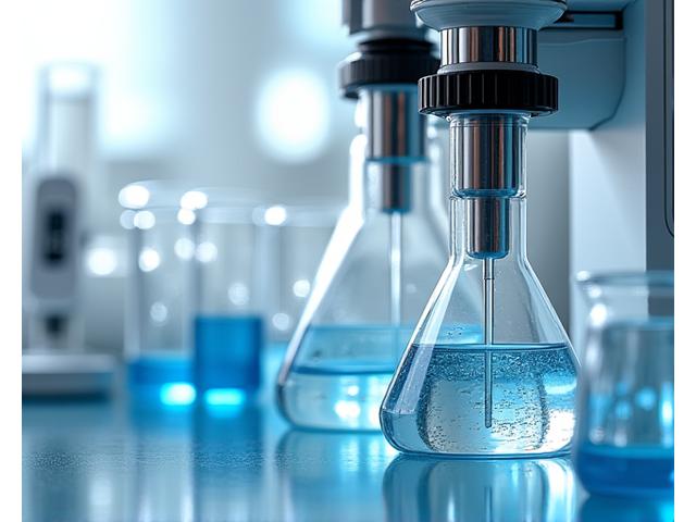 Pažangi laboratorinė įranga su kolbomis ir matavimo prietaisais švariame kambaryje.